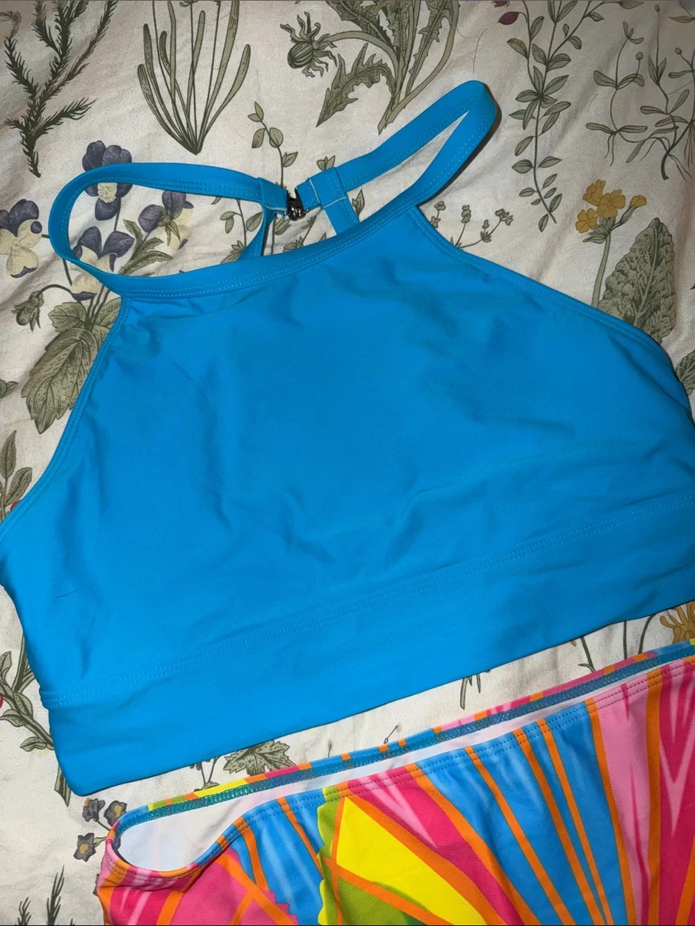 Bright Blue Bikini Top with Colorful High-Waist Bottoms